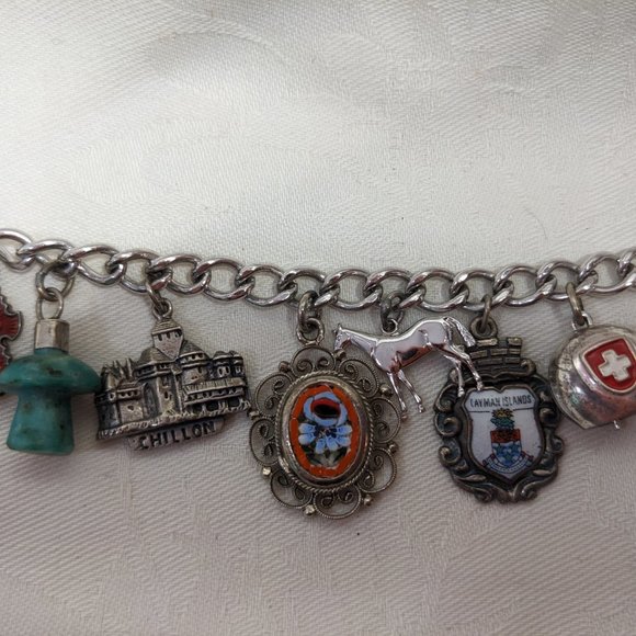 Sterling Silver New Link Eclectic Swiss Charm Bracelets With Seven VintageCharms - Picture 9 of 12